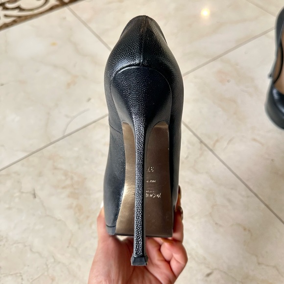 YSL Saint Laurent Black Leather Platform Tribtoo Pumps Heels 37.5 Like NEW - Picture 3 of 6